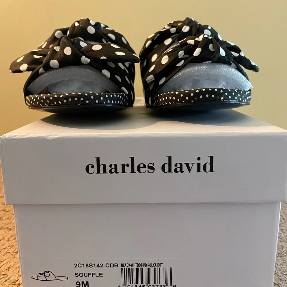 New, Charles David Collection Souffle Sandal, Black & White Polka Dot, Bow, SZ 9